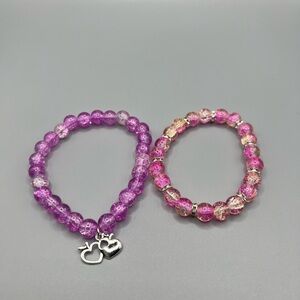 🆕 Purple and Pink Beaded Bracelets with Heart Charms - Handmade #155